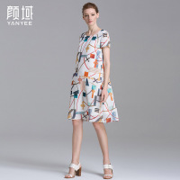 颜域品牌女装2016夏新款欧美雪纺轻盈柔软几何印花短袖A字连衣裙 20S6507