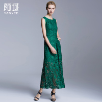 颜域品牌女装2016夏季款欧美时尚凸花水溶镂空蕾丝礼服连衣裙无袖 20S6236