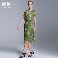 颜域2016夏新款欧美重磅真丝连衣裙桑蚕丝短袖收腰印花裙夏长裙 20S6207