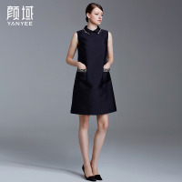 颜域品牌女装2016秋装新款优雅显瘦A型复古娃娃领无袖纯色连衣裙 20S6018