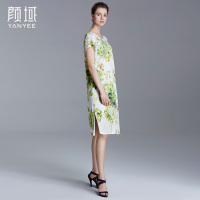 颜域品牌女装2016夏季新款亚麻印花连衣裙宽松弹性针织短袖中长裙20S6392