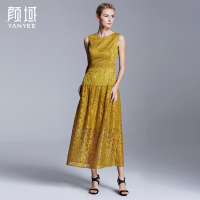颜域品牌女装2016夏季新款欧美勾花镂空蕾丝连衣裙无袖圆领长裙式 20S6205