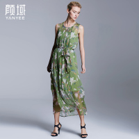 颜域品牌女装2016夏欧美新款100%桑蚕丝无袖连衣裙飘逸系带收腰裙 20S6208
