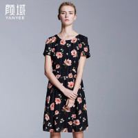 颜域品牌女装2016夏季新款欧美透气垂坠连衣裙圆领印花短袖中长裙20S6247