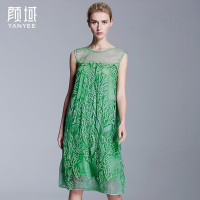 颜域品牌女装2016夏季新款复古拼接真丝绣花100%桑蚕丝无袖连衣裙 20S6211