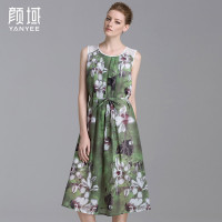 颜域品牌女装2016夏新款复古仿麻印花系带拼接镂空无袖连衣裙20S6500