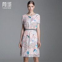 颜域品牌女装2016秋装新款复古几何印花短袖收腰雪纺中长款连衣裙20A6547