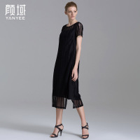 颜域品牌女装2016夏新款欧美网格条纹内衬防透中长款侧开衩连衣裙 20S6477