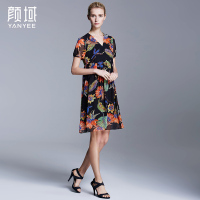 颜域品牌女装2016夏装新款欧美复古大气中长款V领印花雪纺连衣裙 20S6266