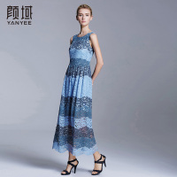 颜域品牌女装2016夏季新款欧美圆领镂空收腰蕾丝长款无袖连衣裙 20S6309