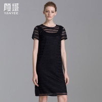 颜域品牌女装2016夏新款简约条纹网格短袖直筒蕾丝内衬防透连衣裙 20S6478