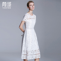 颜域品牌女装2016夏季新款简约复古凸花镂空蕾丝中长款短袖连衣裙 20S6228