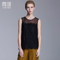 颜域品牌女装夏季欧美新款勾花蕾丝拼接雪纺工字背心吊带无袖上衣 70S6230