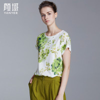 颜域品牌女装2016夏新款文艺风亚麻弹力针织印花短袖上衣柔软T恤 50S6393