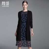 颜域品牌女装2016秋装新款简约纯色长袖口袋毛针织开衫中长款外披60A6575