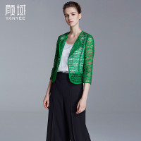 颜域品牌女装2016夏款欧美水溶镂空蕾丝七分袖收腰短款小开衫外套00S6389