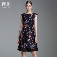 颜域品牌女装2016秋款复古时尚印花拼接蕾丝摆无袖收腰a型连衣裙 20A6608