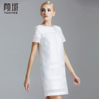 颜域2016夏季新款欧美时尚圆领宽松大码女装H型拼接短袖连衣裙女 20S5225