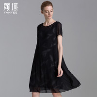 颜域品牌女装2016夏新款欧美乔其雪纺印花两件套连衣裙短袖A字裙 20S6463