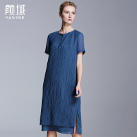 颜域品牌女装2016夏季新款复古宽松圆领钮扣短袖棉麻连衣裙中长款20S6187