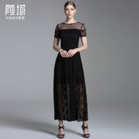 颜域品牌女装2016秋季新款欧美镂空蕾丝透视亮丝大a摆长款连衣裙20A6571