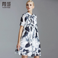 颜域2016秋新款欧美大码女装优雅数码印花立领亚麻连衣裙A字裙 20S5231
