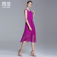 颜域品牌女装2016夏季新款文艺真丝顺纡绉系带无袖收腰A字连衣裙20S6432