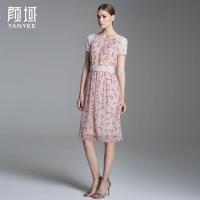 颜域品牌女装2016秋装款简约水溶蕾丝拼接短袖碎花雪纺收腰连衣裙 20A6621