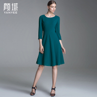 颜域品牌女装2016秋装新款时尚纯色收腰弹力梭织长袖a摆连衣裙 20A6597