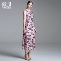 颜域品牌女装2016秋装款欧美印花镂空蕾丝长款无袖A型收腰连衣裙 20A6573