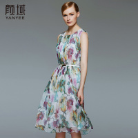 颜域2016春夏新品真丝连衣裙桑蚕丝印花A字裙大码背心中长裙 20S5339