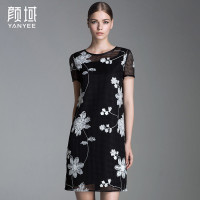 颜域品牌女装2016秋装款欧美网格蕾丝绣花短袖直筒职业女士连衣裙20A6610