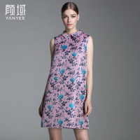 颜域品牌女装2016秋新品复古时尚无袖翻领提花印花宽松A字连衣裙 20A6646