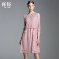 颜域品牌女装 2016秋装新款简约时尚七分袖两件套勾花蕾丝连衣裙 20A6654