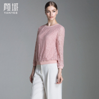 颜域品牌女装2016秋装新款欧美时尚百搭弹力蕾丝镂空绣花打底上衣 50A6653