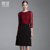 颜域品牌女装2016秋装款简约长袖弹力镂空条纹修身打底上衣针织衫 50A6656