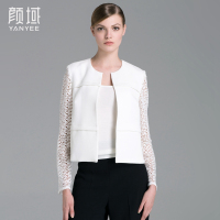颜域品牌女装秋装新款欧美混纺梭织气质短外套镂空长袖拼接小开衫 00A6672