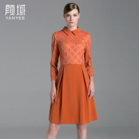 颜域品牌女装早秋款简约时尚翻领长袖收腰花朵蕾丝拼接A摆连衣裙 20A6663