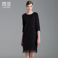 颜域品牌女装早秋新款简约七分袖勾花镂空蕾丝连衣裙拼接流苏花边 20A6664