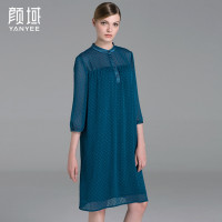颜域品牌女装早秋款简约七分袖小立领波点肌理雪纺烧花A摆连衣裙 20A6669