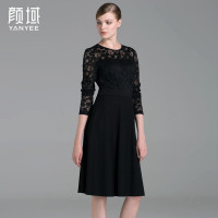 颜域品牌女装早秋欧美弹力蕾丝波点拼接混纺梭织长袖收腰a连衣裙 20A6671