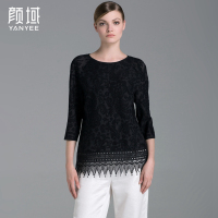 颜域品牌女装早秋新款简约立体花纹七分袖织带流苏摆T恤蕾丝上衣 70A6665