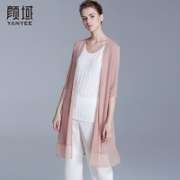 颜域品牌女装夏秋简约纯色薄款弹力针织中长款外套七分袖拼接开衫 00S6331