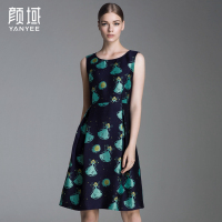 颜域品牌女装2016秋装新款欧美卡通人物印花收腰工字褶A型连衣裙 20A6637