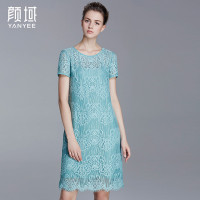 颜域品牌女装2016夏季新款欧美时尚蕾丝绣花短袖中长款毛边连衣裙 柔软舒适 20S6390