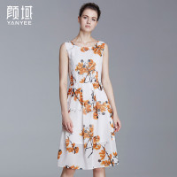 颜域品牌女装2016夏季新款仿麻水墨印花连衣裙修身显瘦A型圆领裙 20S6408