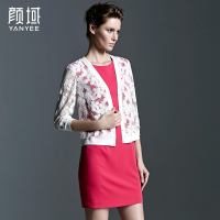 颜域品牌女装2016秋装新款欧美ol短款七分袖勾花镂空蕾丝开衫外套 00S4345