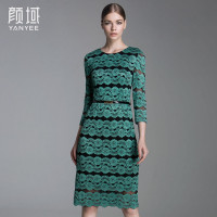 颜域品牌女装2016秋装新品复古时尚七分袖修身弹力勾花蕾丝连衣裙 20A6640