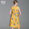 颜域品牌女装秋装新款欧美优雅卡通印花圆领收腰抽褶A摆连衣裙 20A6675