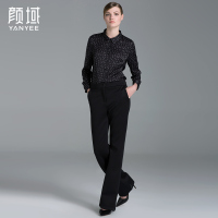 颜域品牌女装2016秋装新款复古黑白波点翻领长袖收腰显瘦透气衬衫 70A6679